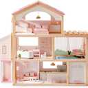 ROBOTIME Wooden Dollhouse, Doll House with 29 Pieces Furniture Set - Pool and Elevator, Wooden Doll House for 4, 5, 6-Inch Dolls, 6 Rooms Pink Dollhouse Gift for Kids Girls Ages 3+ (Pink)