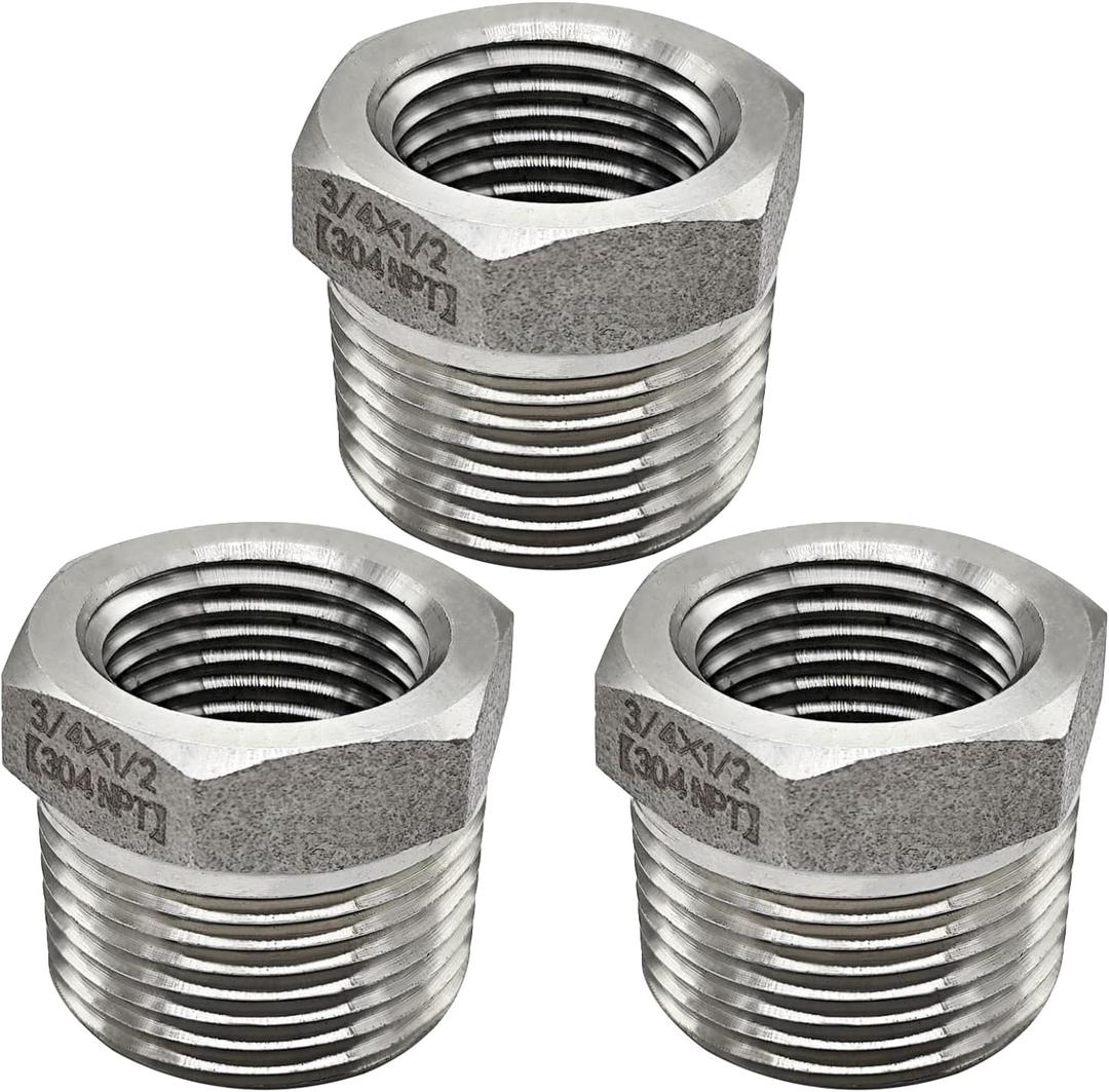 Beduan Stainless Steel Reducer Hex Bushing, 3/4" Male NPT to 1/2" Female NPT, Reducing Cast Pipe Adapter Fitting(Pack of 3)