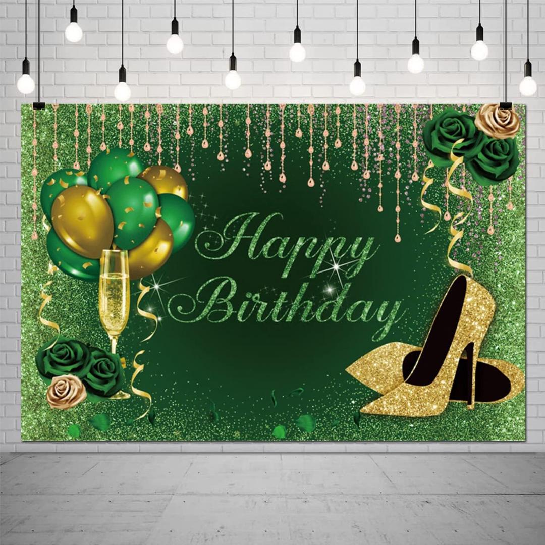 8x6ft Green Happy Birthday Backdrop Golden High Heels Champagne Glasses Glitter Sequin Photography Background Green Rose Shiny Balloons Adults Women Birthday Party Decorations Photo Booth Props