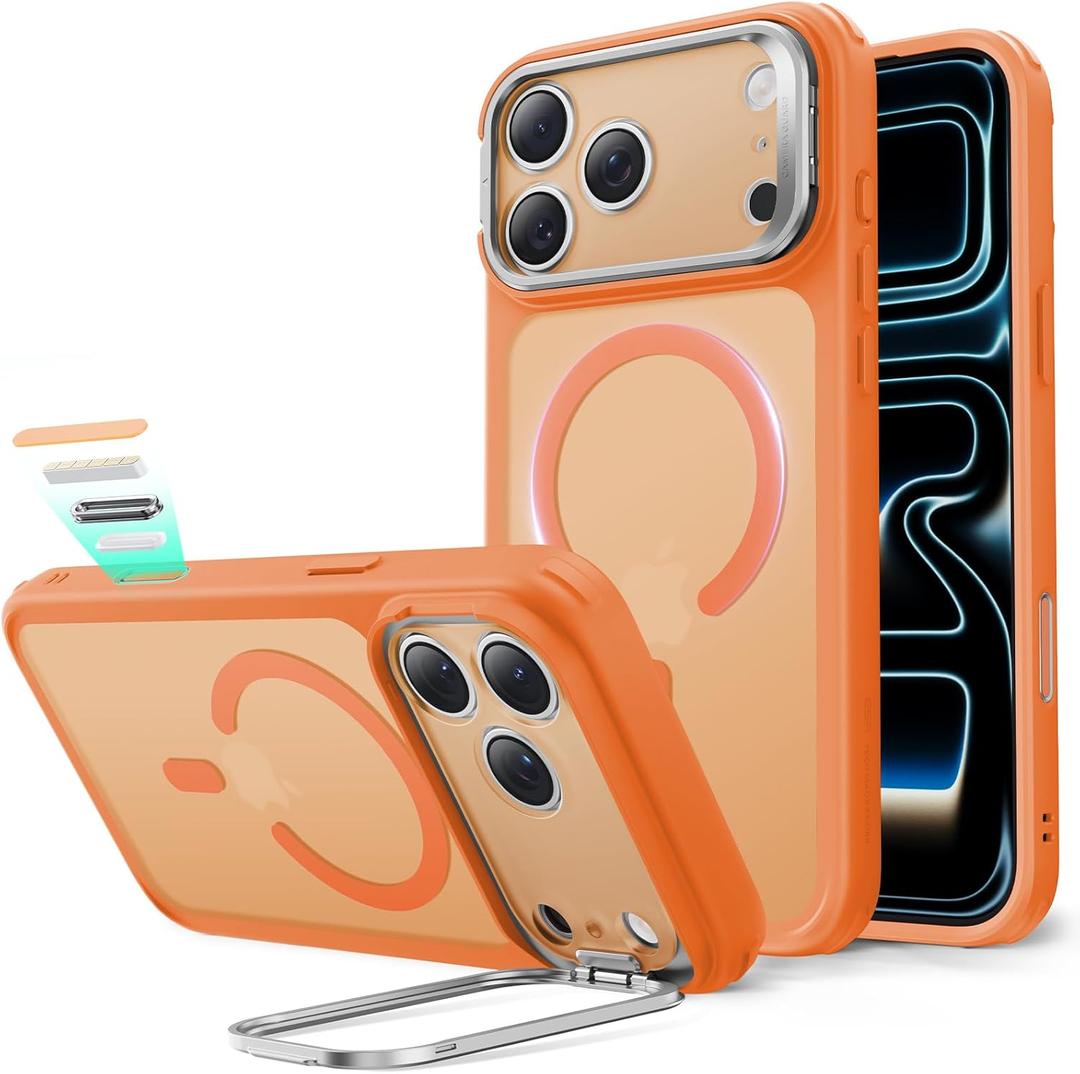 ESR for iPhone 17 Pro Max Case with Stash Stand, Camera Control Cover Compatible with MagSafe, Military-Grade Drop Protection Magnetic Phone Case, Scratch-Resistant Back Cover,Frosted Orange