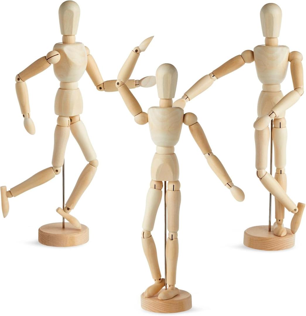 3 Pack Posable Art Figure Model, Flexible Wooden Drawing Mannequin for Artists, Sketching (13 in)