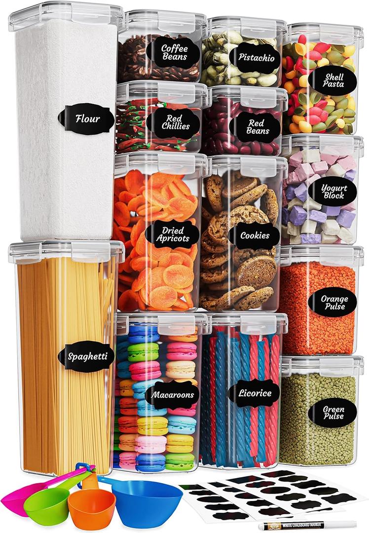 Chef's Path Kitchen Storage Box  Set of 14 Airtight Food Containers  Kitchen and Pantry Organisation  BPA-Free Plastic Food Storage Box  Labels, Marker and Spoons