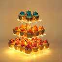 YestBuy 3 Tier Clear Square Cupcake Stand - Premium Cupcake Holder - Acrylic Cupcake Tower Display - Cady Bar Party Décor + LED Light String - Ideal for Weddings, Birthday Parties (Yellow Light)