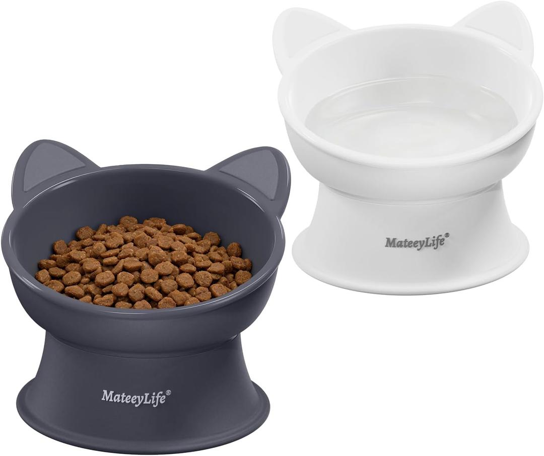 MateeyLife Elevated Cat Bowls, 2P Raised Food and Water Bowl Set for Indoor Cats & Small Dogs, Whisker Fatigue Cat Bowl, Anti Vomit Feeding Pet Bowls, 6 oz Each, Dishwasher Safe - White & Grey
