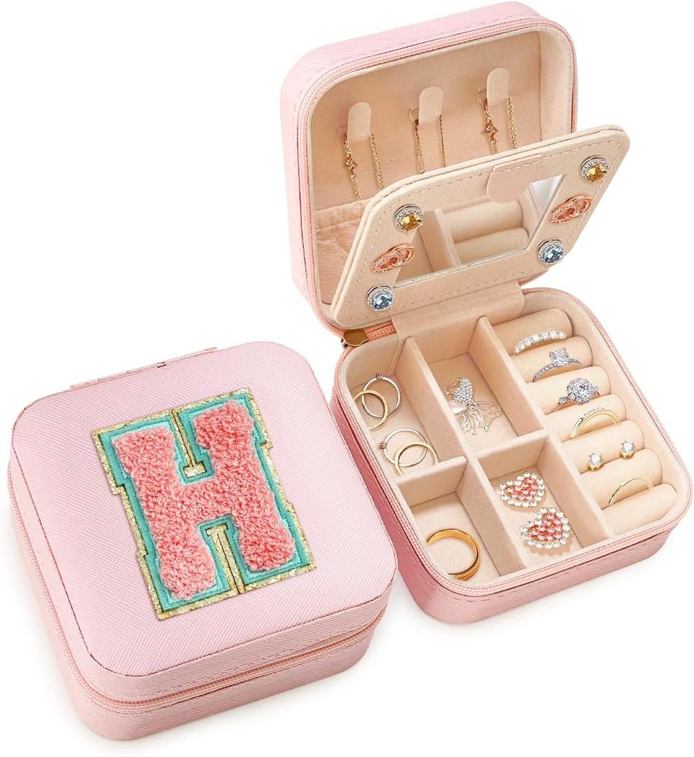 SANDJEST Personalized Jewelry Box, Pink Travel Jewelry Box with Initial H, Small Monogrammed Jewelry Case Organizer for Girls Women Teen Kids, Mini Travel Essentials Gifts for Birthday Christmas