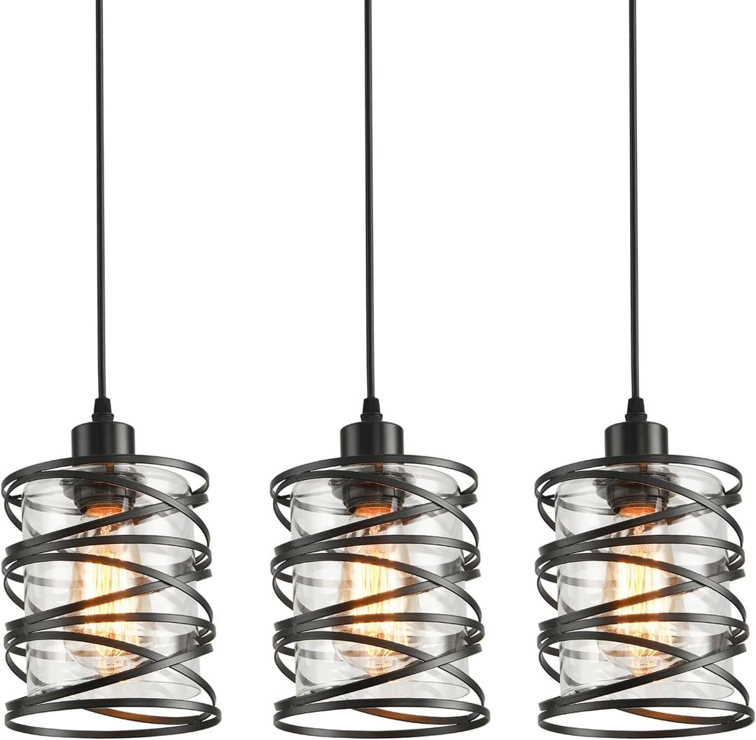 3 Pack Pendant Light Kitchen Island Pendant Lighting, Glass Hanging Light with Spiral Cage Clear Glass Shade, Black Modern Indoor Hanging Lamp
