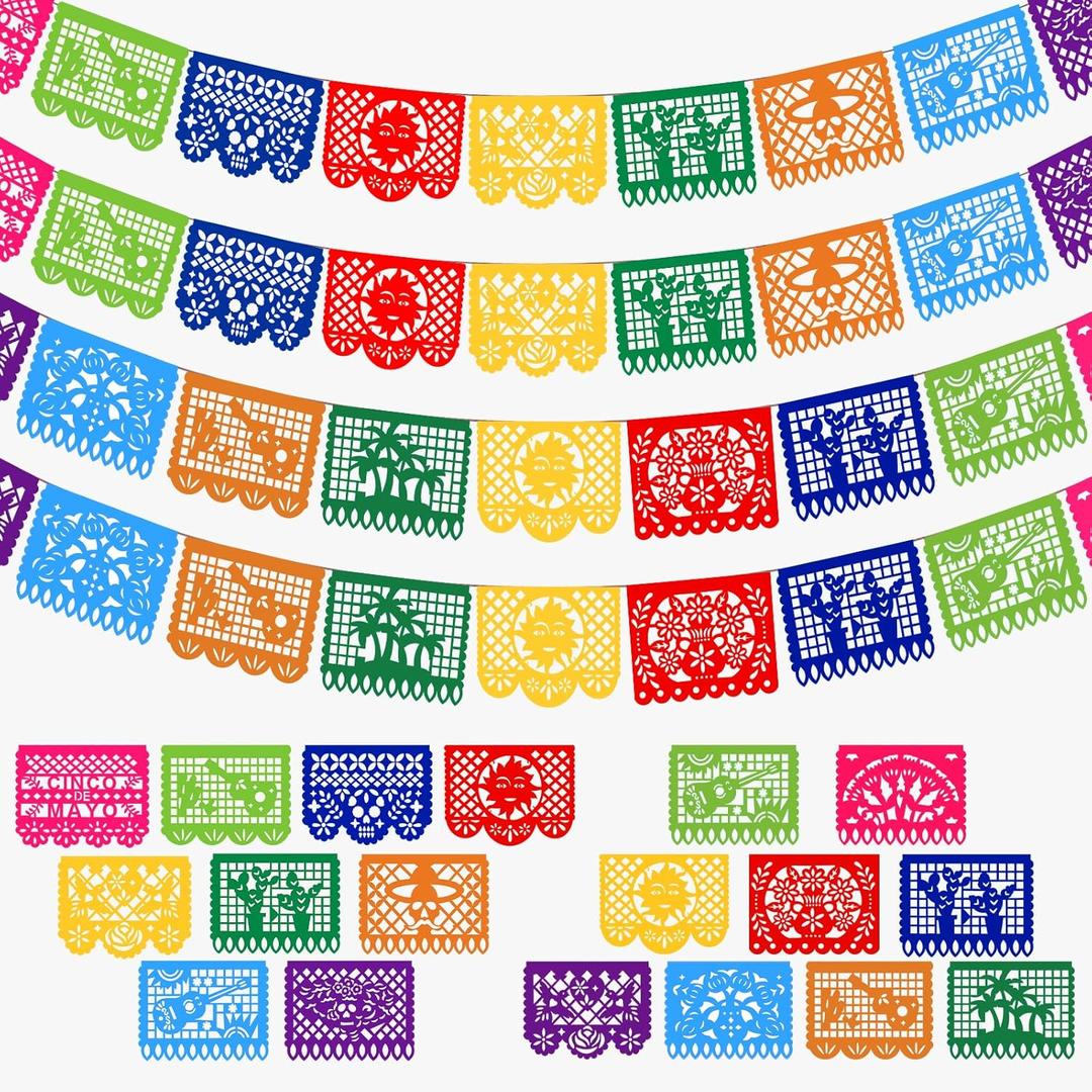 4 Pack Mexican Party Banner, 72 FT Long Plastic Papel Picado Decorations, Balanced Cinco de Mayo & Classic Mexican Banner Set, Colorful Hanging Banner for Backyard Birthday Classroom Party Decor