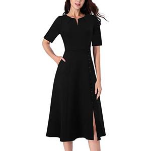 VFSHOW Women Pleated Notch V Neck Pockets Buttons Work Office Business A-Line Midi Dress XS