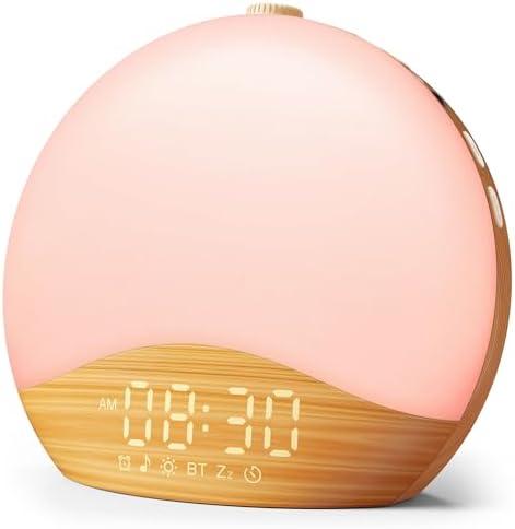 ecozy Wood Grain Sunrise Alarm Clock, White Noise Sound Machine, Music-Sync Lights, Upgraded Backlit Buttons for Bedrooms, 26 Soothing Sounds, 17 Night Lights, Wake Up Light for Heavy Sleepers