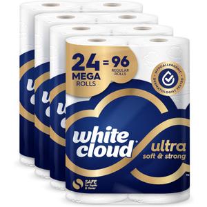 White Cloud Ultra Soft & Strong Toilet Paper, 4 packs of 6 Mega Rolls = 96 Regular Rolls