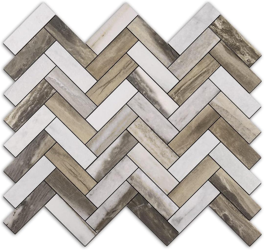 STICKGOO Herringbone Peel and Stick Backsplash, 10 Sheets PVC Kitchen Backsplash, Faux Wood Stick on Tiles for Kitchen (Gold wood grain marble)