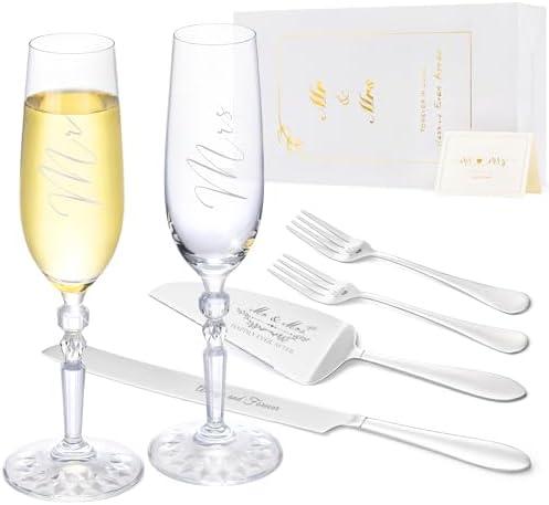 Wedding Cake Knife and Server Set with Forks, Classical Style Crystal Champagne Flutes Toasting Glasses for Bride and Groom, Wedding Gifts for Couples, Engagement and Bridal Shower Gifts: Champagne Glasses