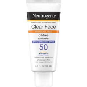 Neutrogena Clear Face Sunscreen Lotion for Acne-Prone Skin, Broad Spectrum SPF 50 Facial Sunscreen for Oily Skin, Oil-, Fragrance- & Oxybenzone-Free Water Resistant Sunscreen, 3 fl. oz
