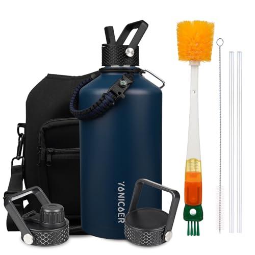 YONICOER Insulated Water Bottle 128oz,Triple Wall Vacuum Stainless Steel(Dishwasher Safe),Leak Proof & Non-BPA,Flask Jug with Paracord Handle & Straw Spout Lids Sports Navy Blue