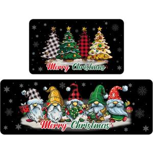 Bencailor Sets of 2 Christmas Gnomes Kitchen Rugs and Mats Merry Christmas Kitchen Rugs Non Slip Washable Gnomes Xmas Door Mats for Winter Home Floor Bathroom Cabin Decor, 29 x 17 and 47 x 17 inch (Black)