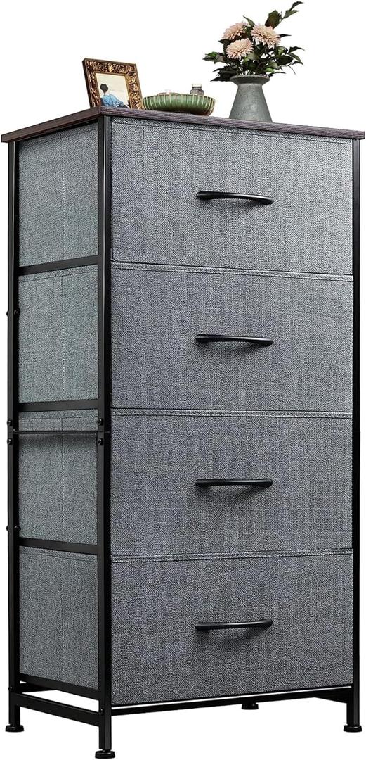 WLIVE Dresser with 4 Drawers, Storage Tower, Organizer Unit, Fabric Dresser for Bedroom, Hallway, Entryway, Closets, Sturdy Steel Frame, Wood Top, Easy Pull Handle, Dark Grey 