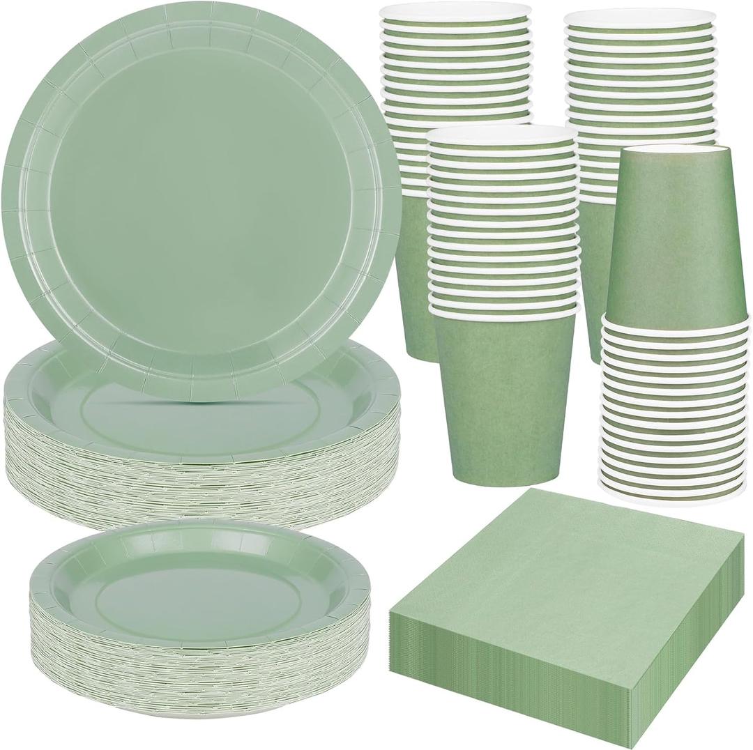 TWOWYHI 200PCS Party Supplies Paper Plates Set for Party with 50Guests 7"and 9" Disposable Plates Napkins Cups for Birthday Bridal Shower Wedding Parties Sage Green