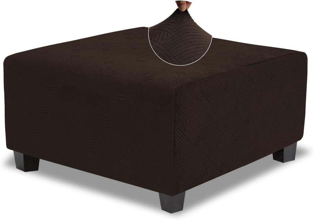 Ottoman Cover Square X-Large Stretch Slipcover for Ottomans Soft Intertwined Pattern Footstool Cover with Elastic Bottom, Dark Brown, X-Large