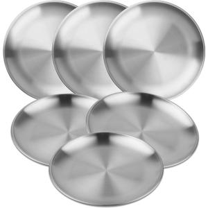 MOUYAT 6 PCS 8 Inch Stainless Steel Plate, Round Metal Dinner Plates, Heavy Duty Round Salad Plates Reusable Metal Dinner Dish for Serving Camping Outdoor BBQ Home Kitchen, Polished Silver