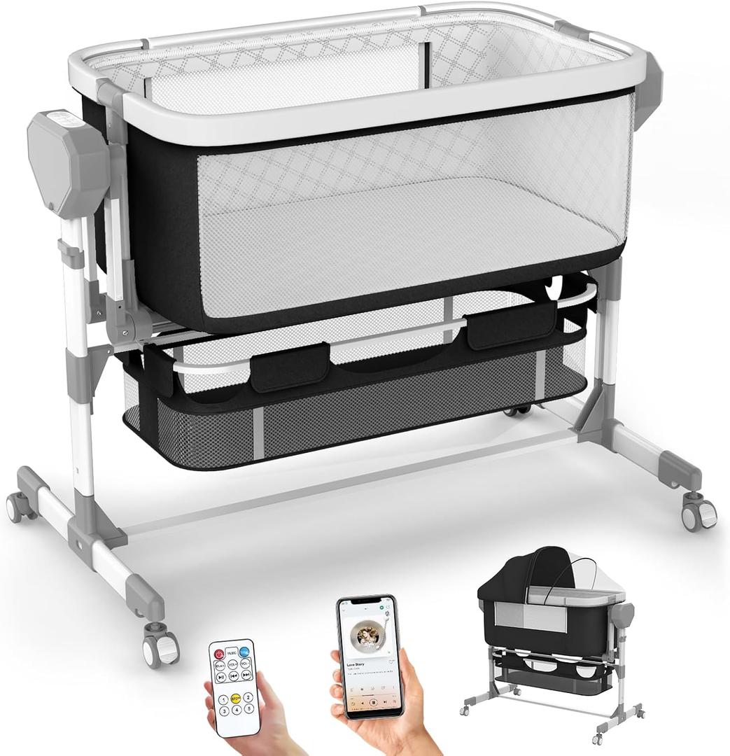 Rocking Bassinet for Baby, Electric Bassinet Automatic 5 Rocking Motion Bassinet Bedside Sleeper for Newborn, Auto Rolling Baby Cradle 6 Height Adjustable with 4 Lullabies, Wheels, Storage (Black)
