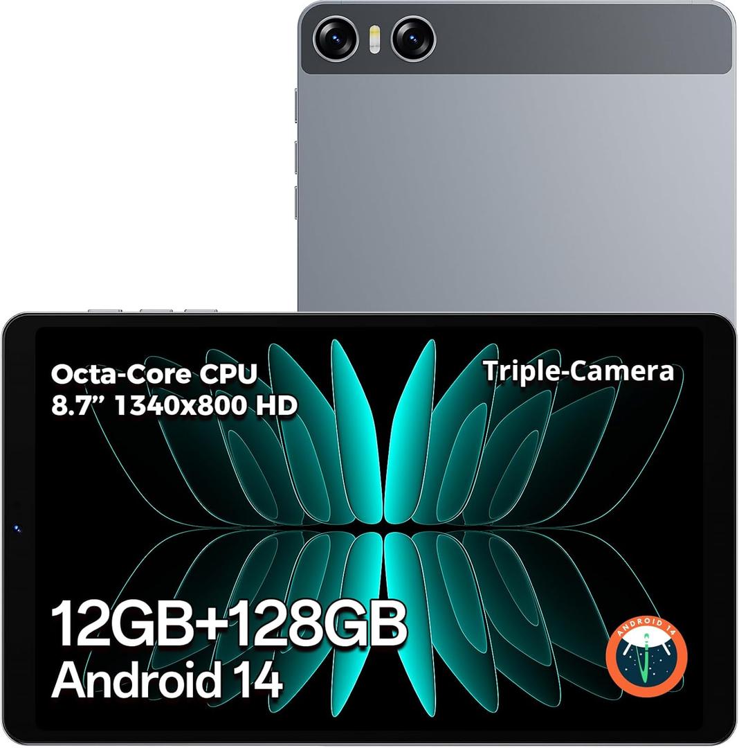 Tablets Android 14, 8.7-Inch Tablet, Octa-core Processor 12 GB RAM 128 GB Storage(Expandable), 1340x800 IPS Touchscreen, Type-c 5000 mAh Battery, 2.4/5 GHz WiFi, BT 5.0