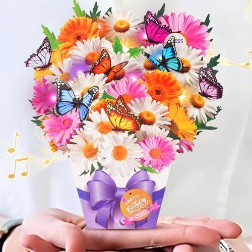APOTODITO Mini Birthday Cards, Birthday Gift Card with Music and Light, Flower Bouquet 3D Card with Butterflies for Mom, Women, Wife (Butterfly & Daisy) Pack of 2