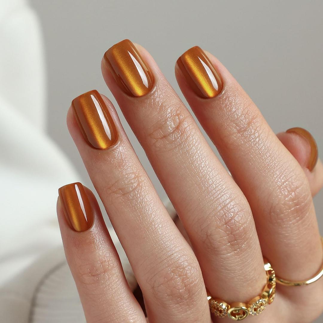 Burnt Orange Cat Eye Press On Nails Short- GJZEZ Amber Yellow Light Brown Soft Gel Square Cateye Glass Fake Nails Press Ons Gifts for Women | 16 Sizes - 32 pcs Reusable Salon Quality Faux Nail, Ginger