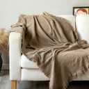GLORY SEASON 100% Cotton Throw Blanket in Light Brown Jacqard Weave Fabric with Fringe Soft All Season Cover for Bed Couch and Living Room Sofa,Chair 50x60 Inches