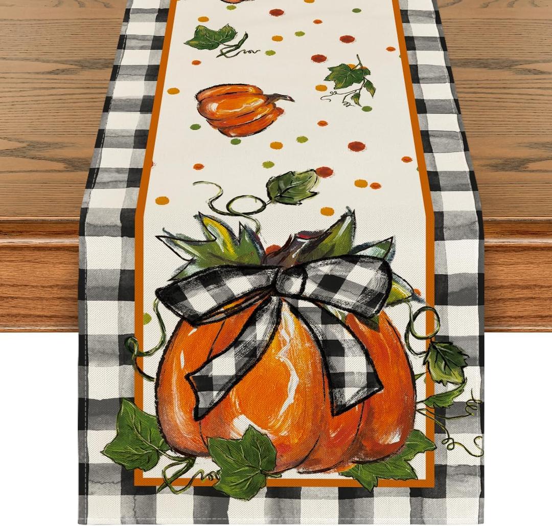 Artoid Mode Pumpkin Bow Buffalo Plaid Fall Table Runner,Seasonal Autumn Kitchen Dining Table Decoration for Home Party Decor 13x72 Inch (Black/Beige/Orange)
