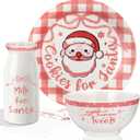Nitial Christmas Cookies for Santa Plate Christmas Dinnerware Set Cookies for Santa Plate Set with Milk Jar, Reindeer Treat Bowl, and Dear Notepad Eve Gift for Kids (Pink Buffalo Plaid)