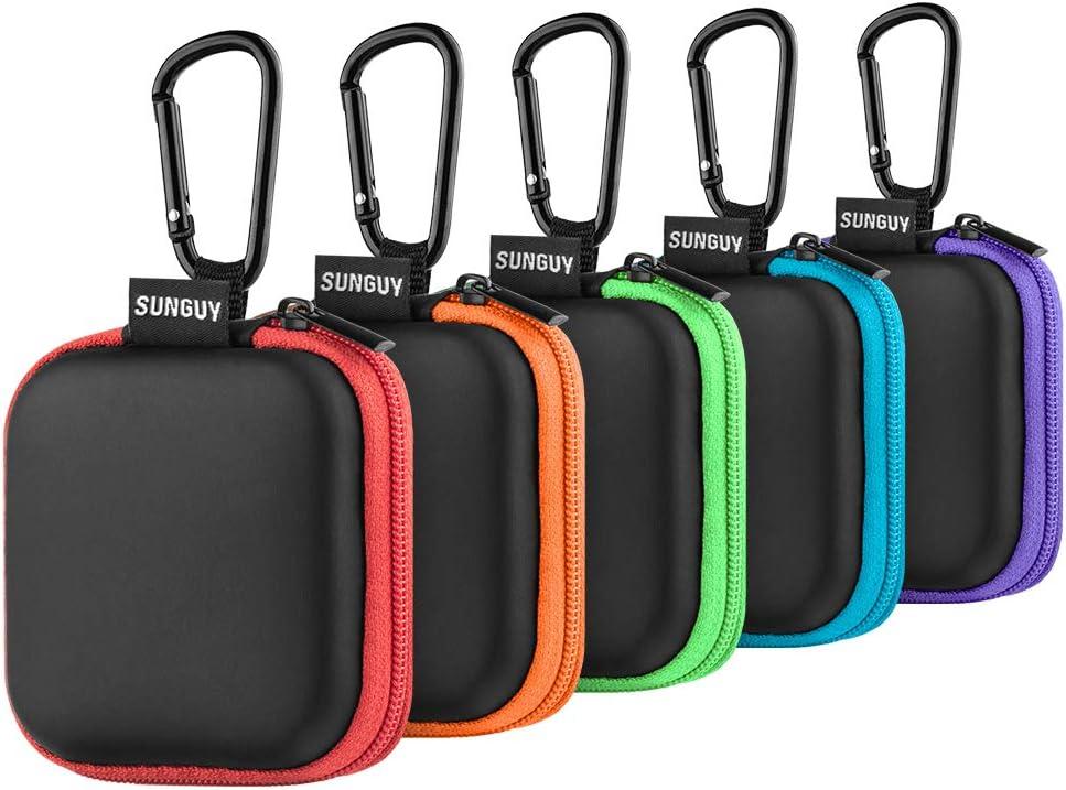 SUNGUY [5-Pack Earbud Case, Portable EVA Small Earbuds Carrying Case Storage Bag Organizer with Carabiners for Earphones, Earbuds, Earpieces, SD Memory Card, Camera Chips
