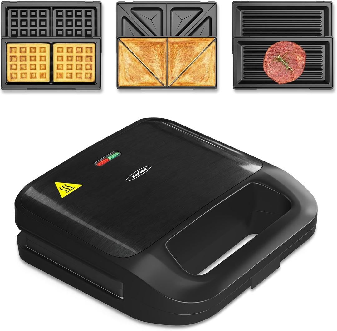Sunvivi Sandwich Maker Panini Press: Waffle Maker with Removable Plates, 3 in 1 Sandwich Maker Press with Non-Stick Plates, Indicator Lights & Cool Touch Handle, 750W, Black