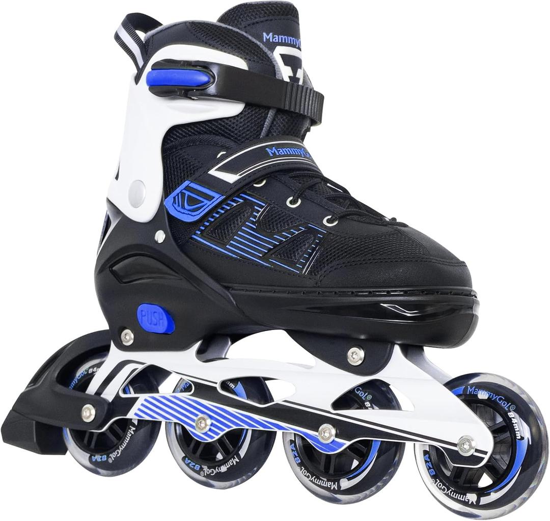 MammyGol Adult Inline Skates for Men Women, Blades Roller with Carbon Steel Bearings, TPR Brake, 3D Mesh, EVA Lining, PVC Upper | Adjustable Size Better Fit for Beginner Skating (XXL(Men9.5-13/Women10.5-14), Blue)
