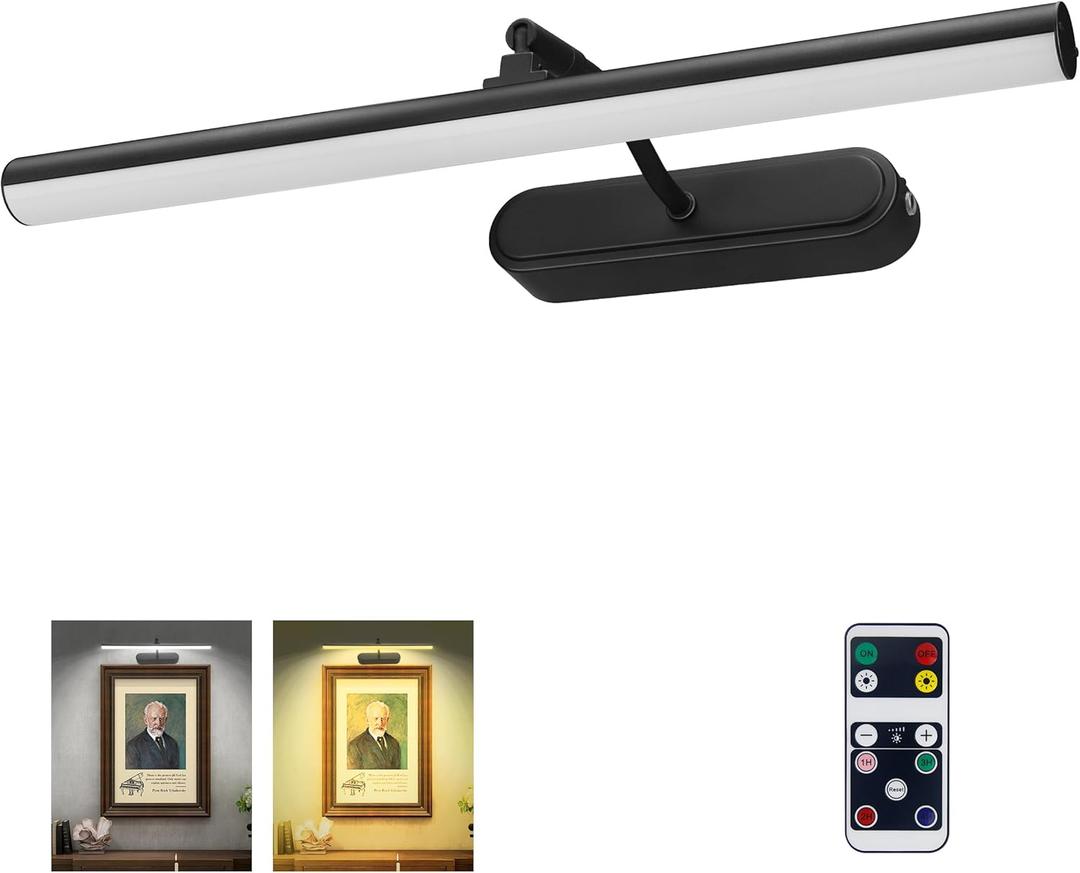 Picture Light,3AA Battery Wall Lights,Wireless Art Lights for Paintings,Remote Control Accent Light with Timer and Dimmable for Frame,Portrait,Mirror-Black (15INCH)