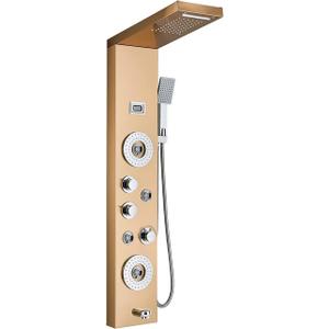 ELLO&ALLO Stainless Steel Shower Panel Tower System,LED Rainfall Waterfall Shower Head 6-Function Faucet Rain Massage System with Body Jets, Brushed Gold