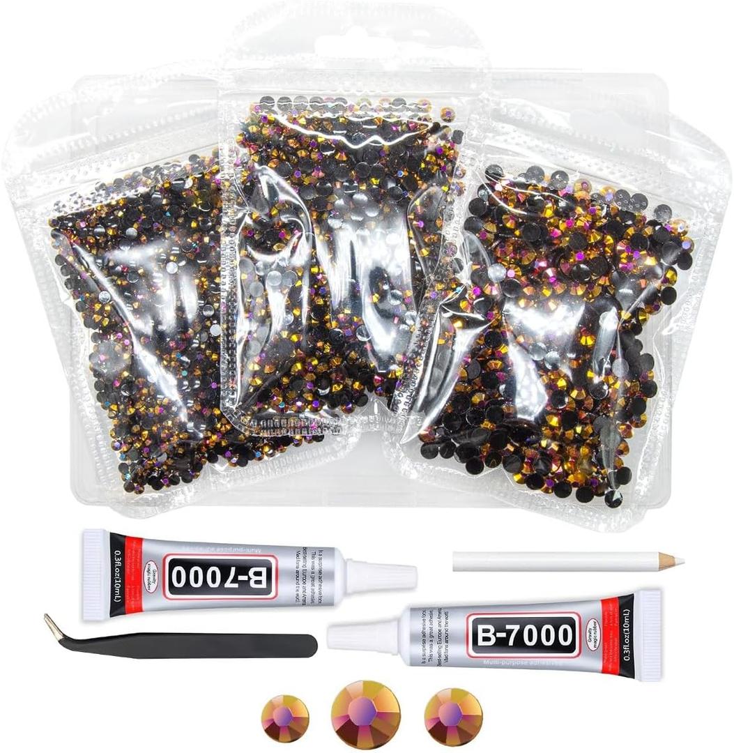 Qiipii Golden Rose AB Resin Rhinestones w B7000 Jewelry Glue for Bedazzling 3mm 4mm 5mm Flatback Jelly Stones Bulk for Crafting SS10 SS16 SS20 Diamonds Crystals Gems for Nails Face Tumblers DIY Crafts