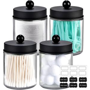 Amolliar 4 Pack Apothecary Jars Bathroom Vanity Storage Organizer Set -Countertop Canister with Stainless Steel Lids &Cute Stickers - Qtip Dispenser Holder for Qtips,Cotton Swabs,Makeup Sponges(Black)