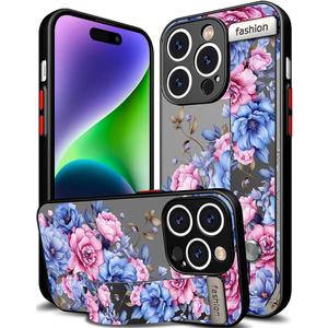 Compatible for iPhone 14 Pro Max Case Cute with Strap Stand Finger Kickstand, Designer Cool Silicone Cases Funda Cover - Pink Rose Flowers Peonies