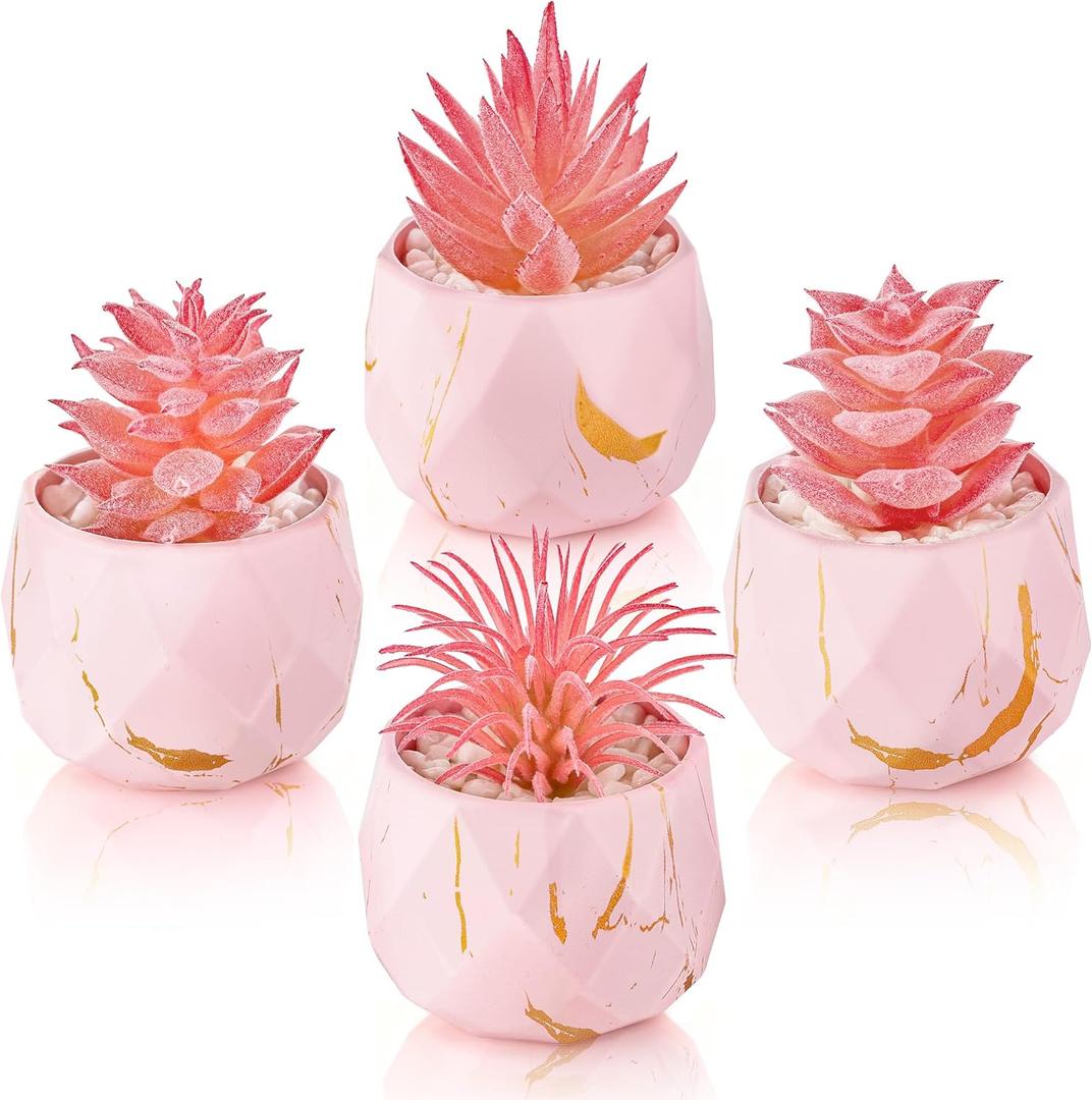 Der Rose 4 Packs Pink Fake Plants Small Succulents Plants Artificial for Pink Bathroom Vanity Decor Office Desk Accessories Wedding Gifts for Women