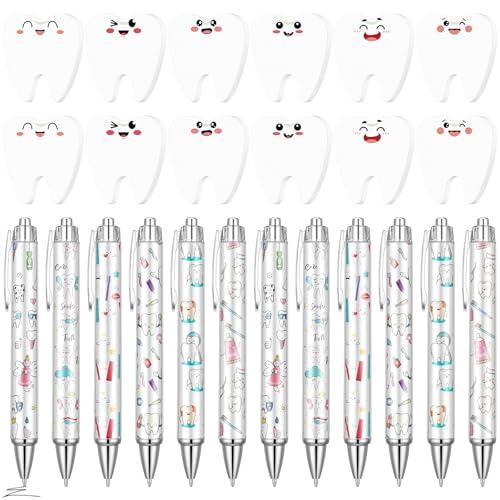 Gilprop 24Pcs Dental Assistant Gifts Cute Tooth Pens and Self Stick Notes White Dental Hygienist Gifts Notepads Ballpoints Bulk for Dentist Lover Appreciation Gift Traveler Birthday Party Supplies