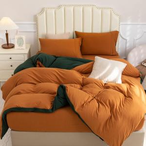 PURE ERA Jersey Knit Duvet Cover Set 100% T-Shirt Cotton Super Soft Comfy 3pc Bedding Set with Zipper Closure (Solid Forest Green/Burnt Orange, Queen)
