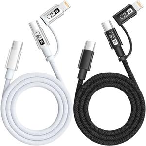 60W Max 2 in 1 USB C to C/IP Cable, Fast Charging Type-C Cable, Travel Essentials USB-C Multi iPhone 17 Charger Cord Compatible for iPhone 17-8, Android, iPad and More, Carplay Cable(2Pack 4FT)