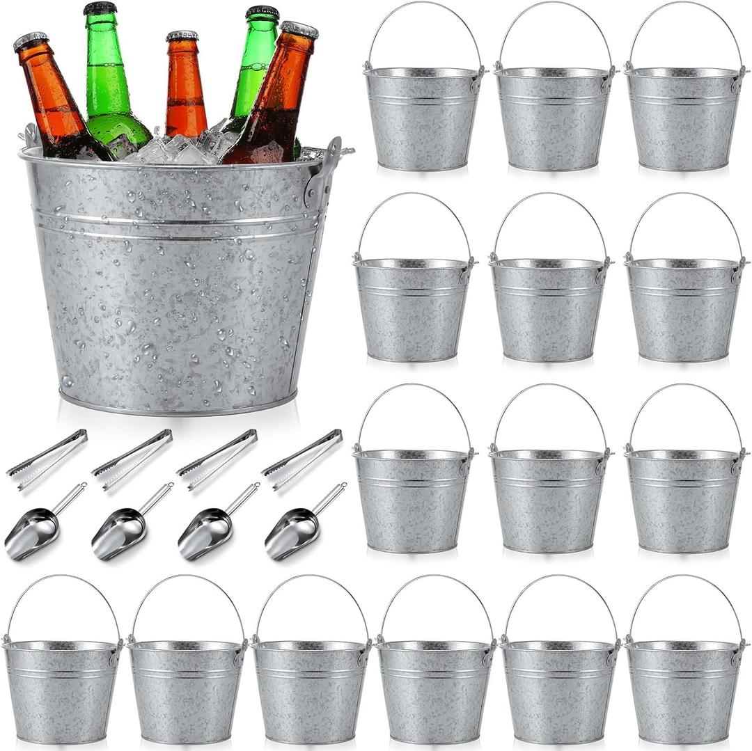 Zopeal 24 Pcs Galvanized Beer Bucket Set, Includes 16 Metal Ice Buckets 5qt Bulk with 4 Scoops & 4 Tongs Round Silver Tin Pails for Weddings Catering Beach Pool Large Events Table Centerpieces