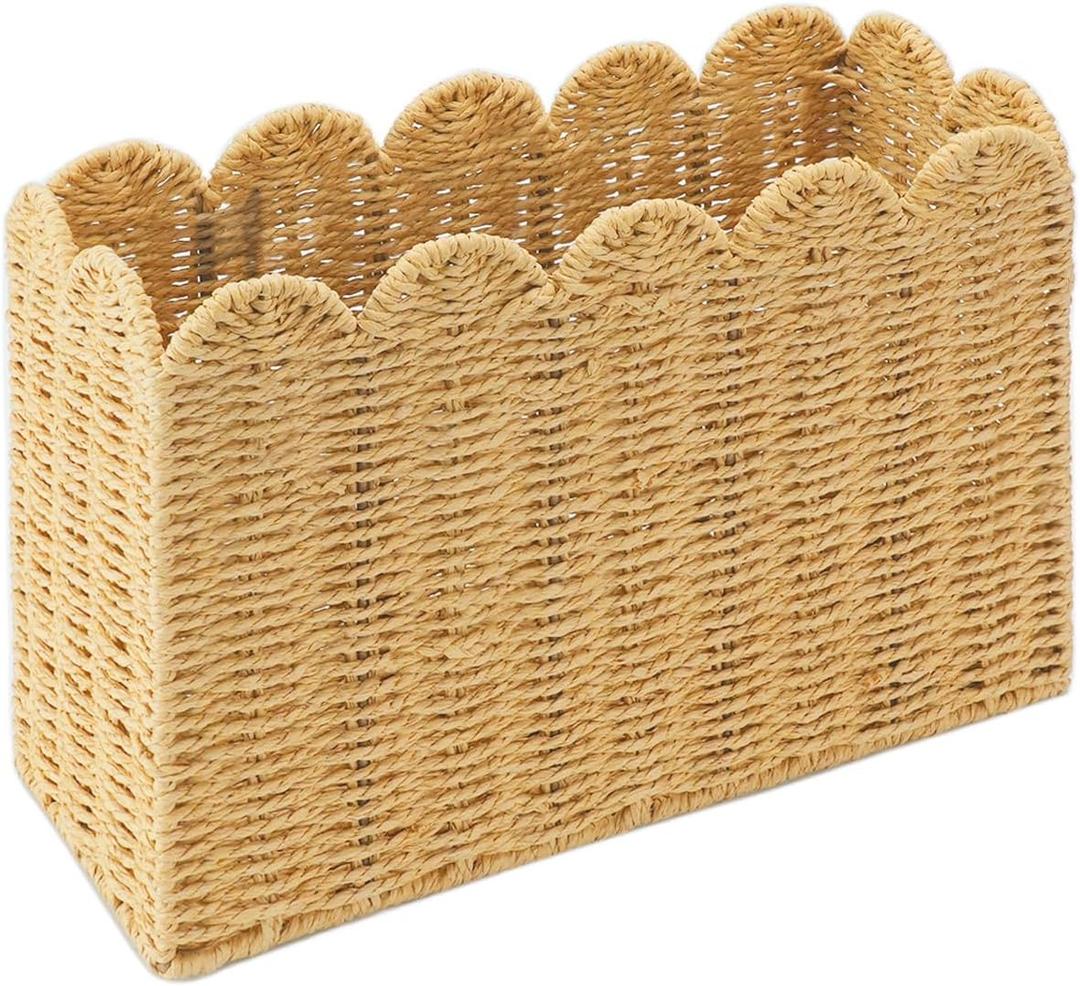 Scalloped Edge Magazine Holder Basket, Khaki Paper Rope Floor Magazine Rack, Woven Magazine File Holder Organizer for Mail, Newspapers & Books, Standing Narrow Storage for Home Office