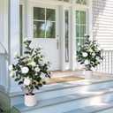 2 pcs Pack Artificial Camellia Tree with White Planter - 39 inch Tall Fake Tree,3.2 Ft Artificial Plants Indoor & Outdoor Housewarming Gift