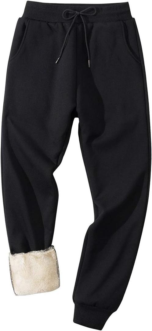 Gihuo Men's Winter Fleece Pants Sherpa Lined Sweatpants Active Running Jogger Pants (Large, #1 Black (Ribbed Cuff))