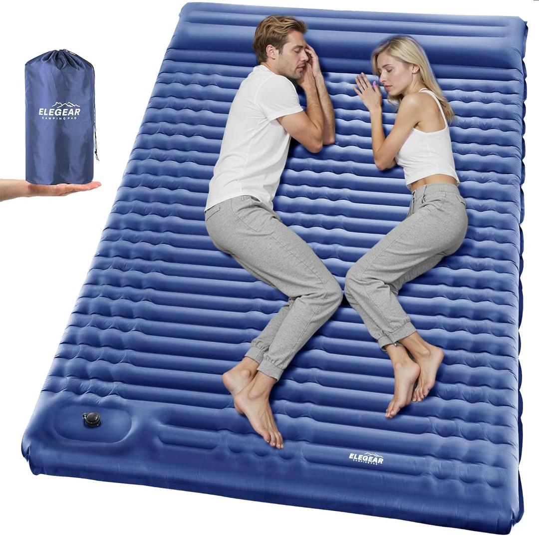 Elegear Double Sleeping Pad - 4" Ultra-Thick Self Inflating Camping Mat for 2 Persons with Built-in Pillow and Foot Pump (Full, Blue)