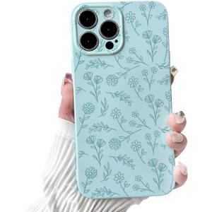 NITITOP Compatible with iPhone 14 Pro Case Cute for Women Girl Vintage Flower Floral Leaves Pattern Trendy Slim Fit TPU Silicone Shockproof Girly Fashion Protective Phone - Blue