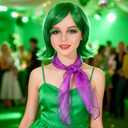 MEEZY Women Green Wig with Purple Scarf and Green False Eyelashes, Halloween Costume Cosplay Wig Heat Resistant Synthetic Hair for Adults Anime Cosplay Christmas Party St. Patrick's Day Daily Use