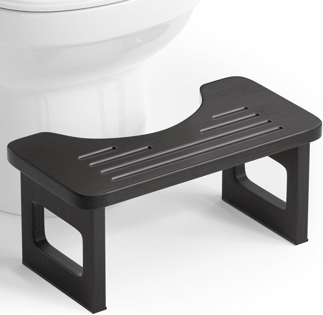 AmazerBath Bamboo Toilet Stool, Foldable Squat Potty Stool for Adults, Non-Slip Poop Stools for Bathroom, 0.59" Thickness Potty Step Stool, Foot Pooping Steps, 6.8" Black
